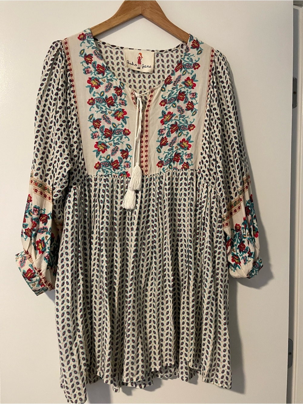 Boho Embroidered Mini Dress - Cream with Red & Teal Floral Accents